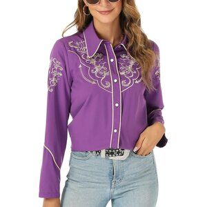 Women's Purple Cowgirl Long Sleeve Embroidered Button Up Dressy Blouses Shirts